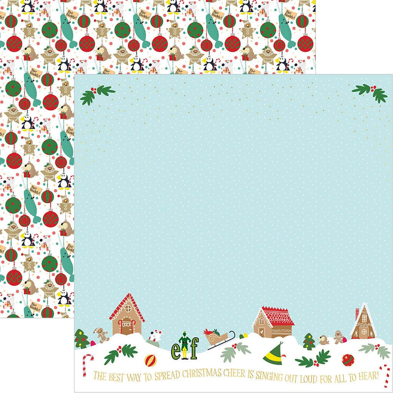 scrapbook paper featuring an illustrated snowy scene with a light blue background and ELF, shown overlapping a pattern of illustrated Christmas ornaments.