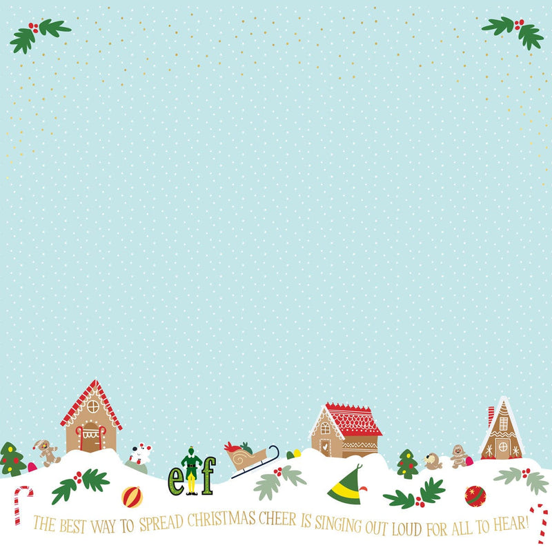 scrapbook paper featuring an illustrated snowy scene and Elf with a light blue background.