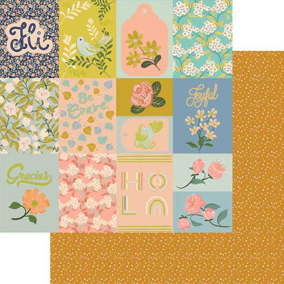 scrapbook paper featuring illustrated floral tags with gold foil details overlapping an orange dotted pattern paper, shown on white background.