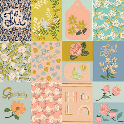scrapbook paper featuring illustrated floral and bird tags with gold foil details