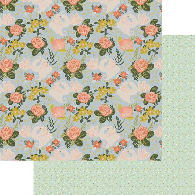 scrapbook paper featuring illustrated birds and florals overlapping a green dotted pattern.