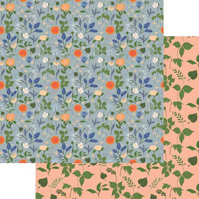 scrapbook paper featuring an illustrated pattern of florals on a blue background overlapping a green leaf pattern on a peach background.