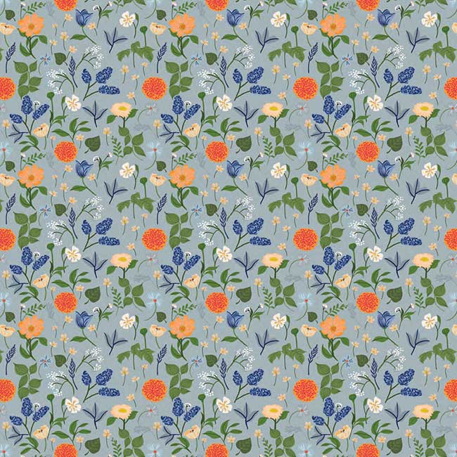 scrapbook paper featuring an illustrated pattern of florals on a blue background