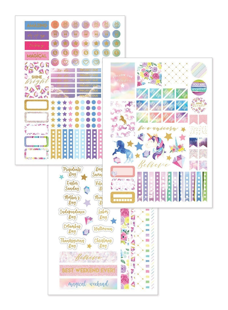 three sheets of multi-color stickers featuring unicorns, gold stars, flowers and text.