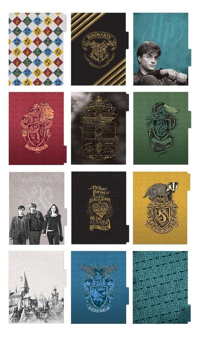 Harry Potter Hogwarts at Night weekly planner image showing twelve dividers featuring crests and characters.