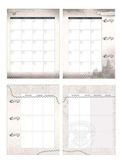 Harry Potter Hogwarts at Night weekly planner shows two open spreads featuring a weekly spread and a monthly spread.