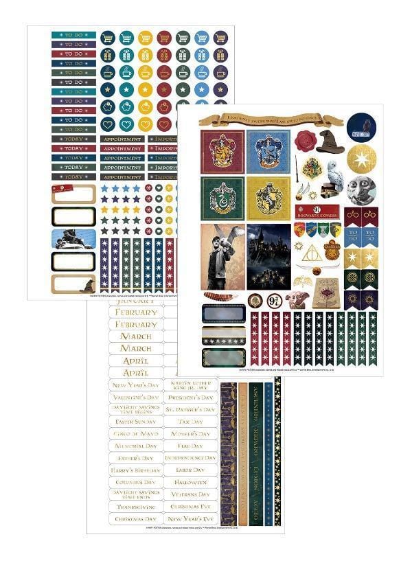 Harry Potter Hogwarts at Night weekly planner image featuring three sheets of colorful stickers.