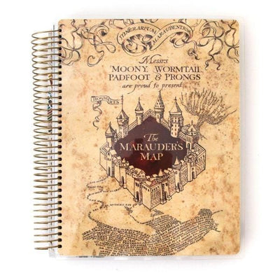 Harry Potter Marauder's Map weekly planner image shows cover featuring a Hogwarts castle illustration on beige background with gold coil spine.