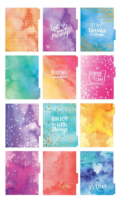 Make this Moment Count weekly planner image showing twelve dividers featuring colorful watercolor patterns and words.