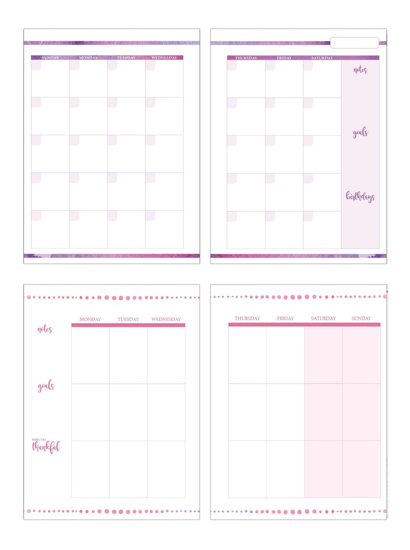 Make this moment count weekly planner image shows two open spreads featuring a weekly spread and a monthly spread.