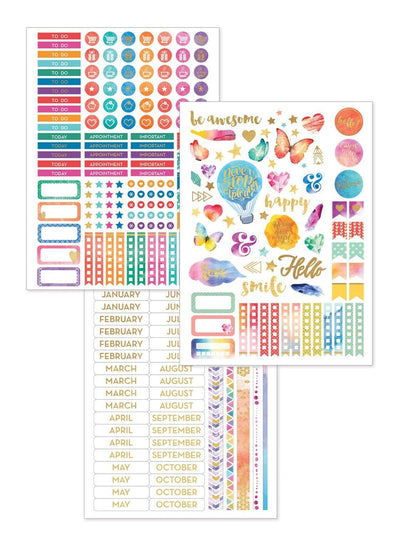 Make this moment count weekly planner image featuring three sheets of colorful stickers.