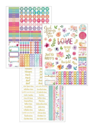Be Joyful weekly planner image featuring three sheets of colorful stickers.