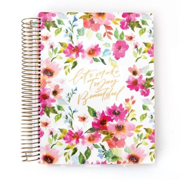 Be Joyful weekly planner image shows cover featuring florals and gold words with gold coil spine.