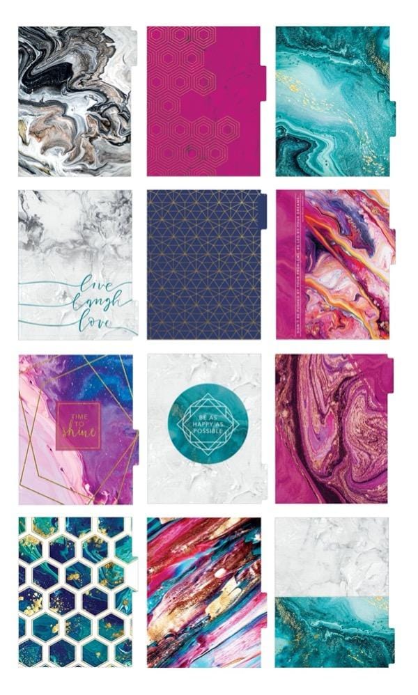 Blue Marble weekly planner image showing twelve dividers featuring colorful patterns and words.