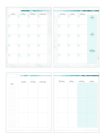 Blue Marble weekly planner image shows two open spreads featuring a weekly spread and a monthly spread.
