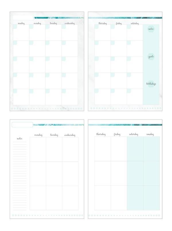 Blue Marble weekly planner image shows two open spreads featuring a weekly spread and a monthly spread.