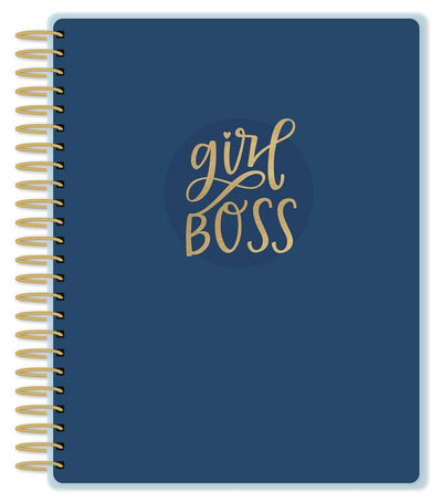 Girl Boss weekly planner image shows cover featuring solid blue background with gold words and gold coil spine.