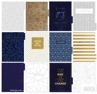 Girl Boss weekly planner image showing twelve dividers featuring dark blue and gold patterns and words.