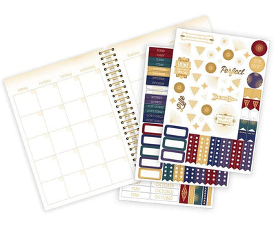 Art Deco weekly planner image shows three sticker sheets and a monthly spread.