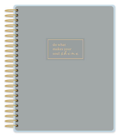 Soul Shine weekly planner image shows cover featuring solid gray background with gold words and gold coil spine.