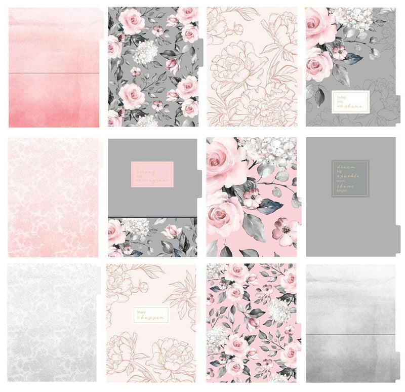 Soul Shine weekly planner image showing twelve dividers featuring pink and gray florals and patterns.