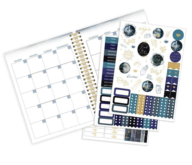 Celestial weekly planner image shows three sticker sheets and a monthly spread.