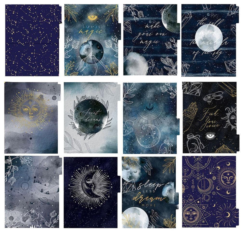 Celestial weekly planner image showing twelve dividers featuring dark blue and gold illustrations and patterns.