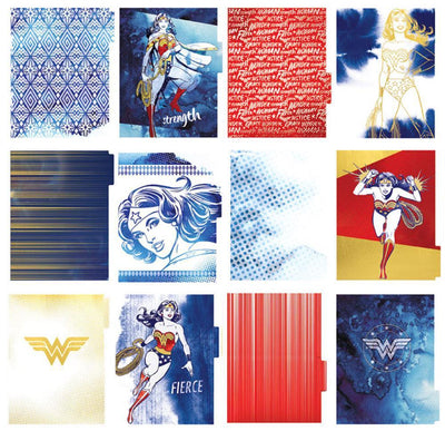 Wonder Woman weekly planner image showing twelve dividers featuring red, blue and gold illustrations and patterns.