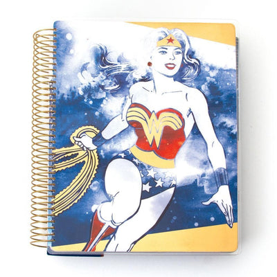 weekly planner image shows cover featuring Wonder Woman and gold coil spine.