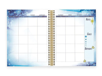 Wonder Woman weekly planner image featuring a monthly spread with blue illustrated border.