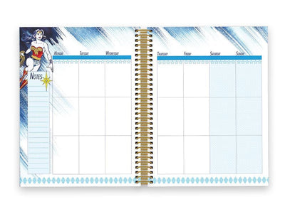 Wonder Woman weekly planner image featuring a weekly spread with blue illustrated border.