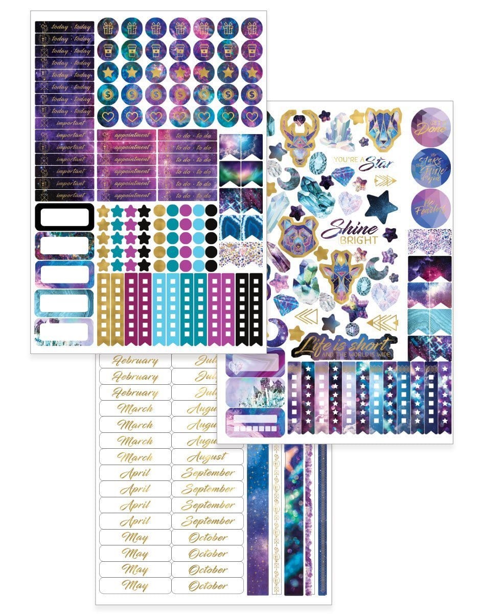 Stargazer weekly planner image shows three sheets of stickers featuring gold foil.