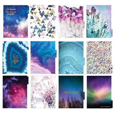 Stargazer weekly planner image showing twelve dividers featuring blue and purple patterns.