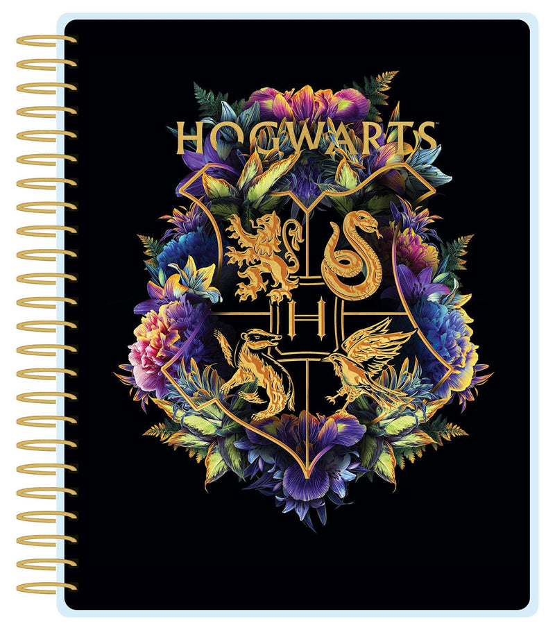 Harry Potter weekly planner featuring the Hogwarts crest in jewel tone colors with gold details on a black background with gold coiled spine.