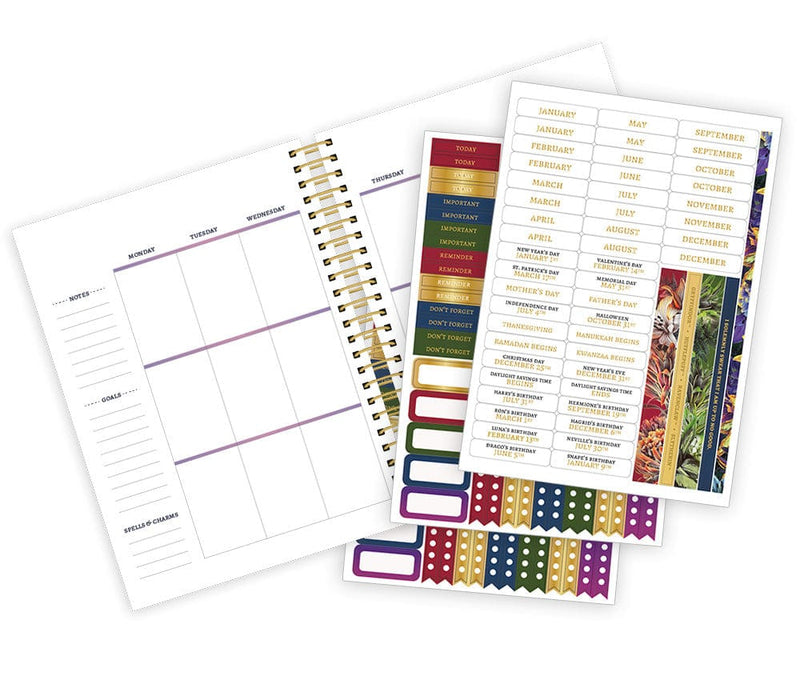 Harry Potter weekly planner featuring a weekly spread with 3 sheets of colorful stickes with gold details, shown on white background.