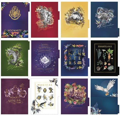 Harry Potter weekly planner featuring 12 dividers with colorful illustrations of the houses, hogwarts castle and the Marauder's Map, shown on white background.