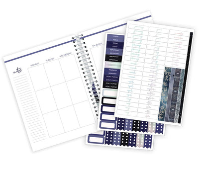 weekly planner featuring weekly spread with 3 sheets of blue and silver coordinating planner stickers, shown on white background.