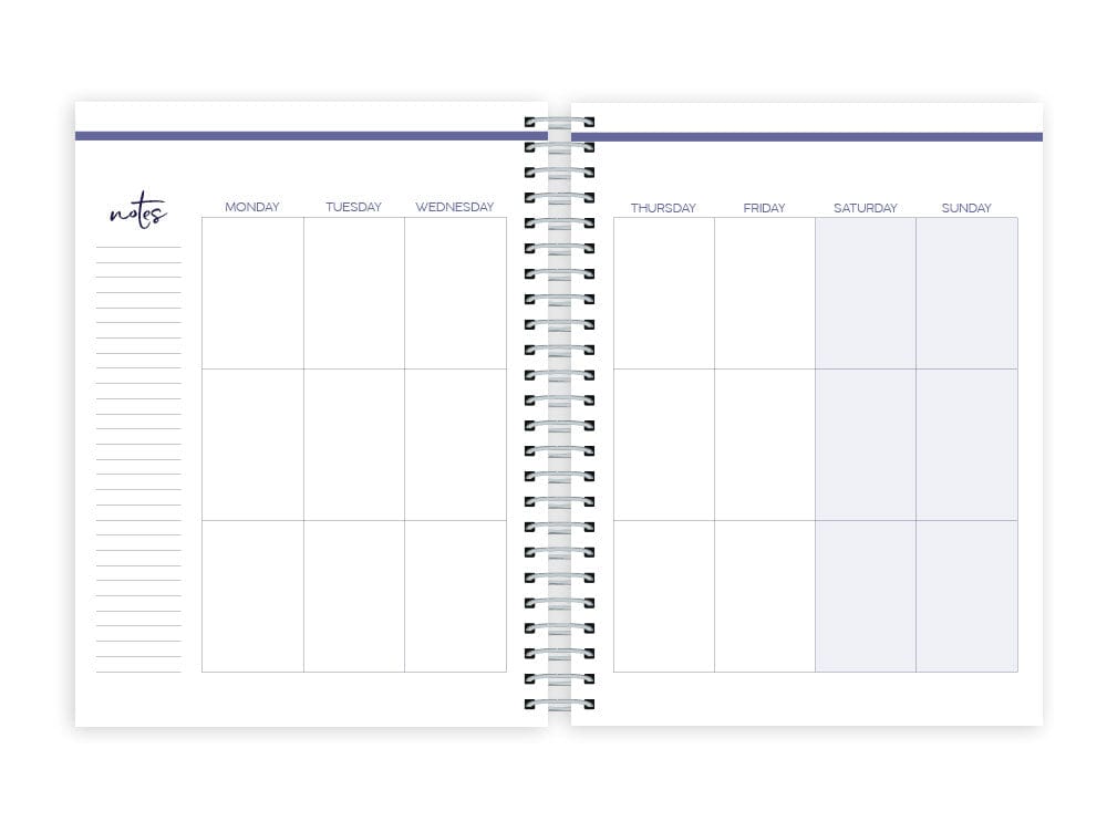 weekly planner featuring weekly spread with silver coil spine, shown on white background.