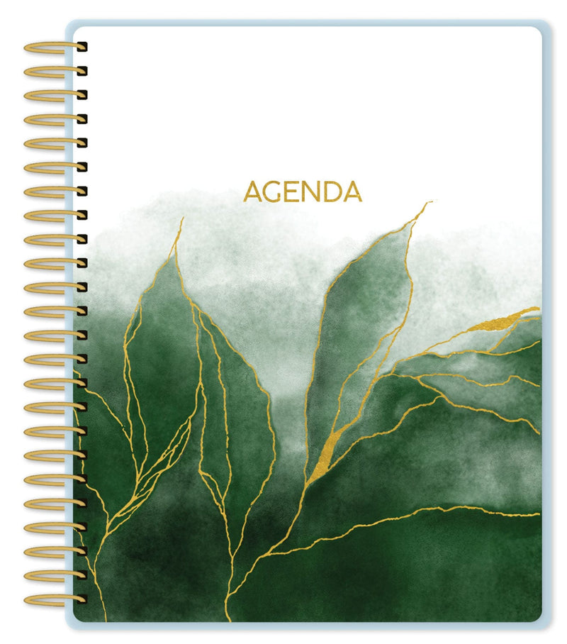 weekly planner cover featuring green watercolor leaves with gold foil details and gold spiral spine.