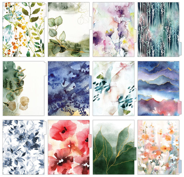 weekly planner featuring 12 dividers with colorful watercolor florals and leaves, shown on white background.