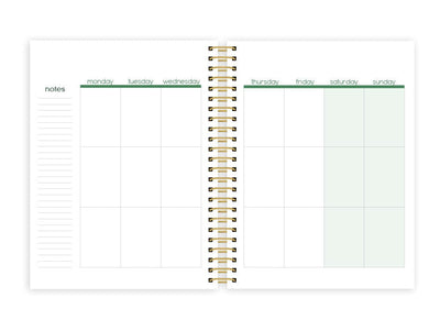 weekly planner featuring a weekly spread with gold coil spine.