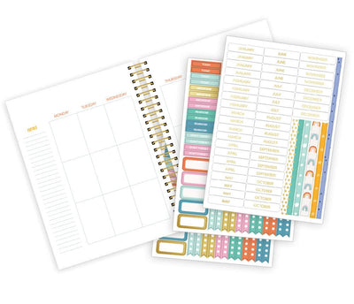 weekly planner featuring a weekly spread with 3 sheets of planner stickers with colorful illustrations and gold details, shown on white background.