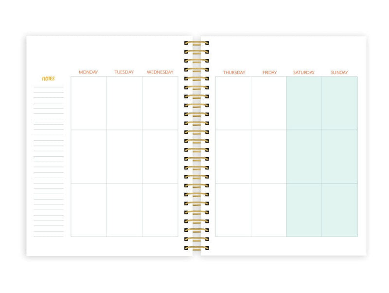 weekly planner featuring weekly spread with gold coil spine shown on white background.