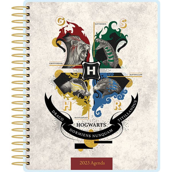 Classic Hogwarts crest depicting each of the houses&