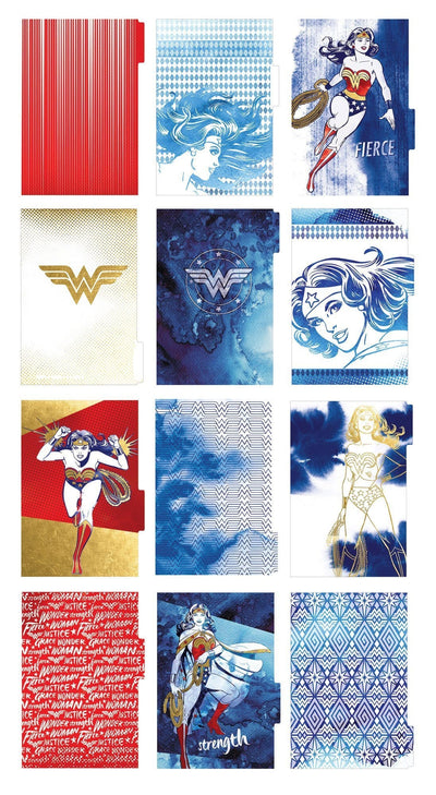 Wonder Woman mini weekly planner image showing twelve dividers featuring red, blue and gold illustrations and patterns.