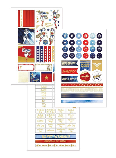 Wonder Woman mini weekly planner image showing three sticker sheets.