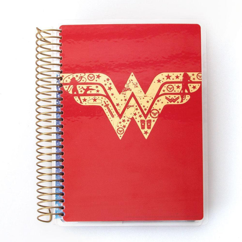 Wonder Woman mini weekly planner image shows cover featuring a gold Wonder Woman symbol on a red background with gold coil spine.