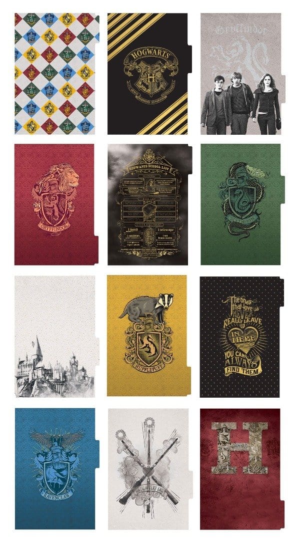 Harry Potter mini weekly planner image showing twelve dividers featuring crests and characters.