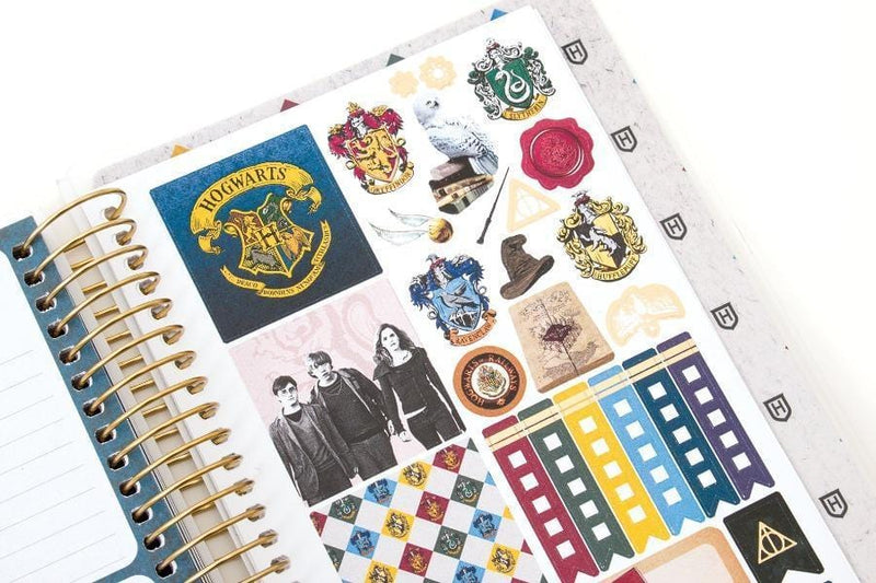 Harry Potter mini weekly planner shown open to a sticker sheet.