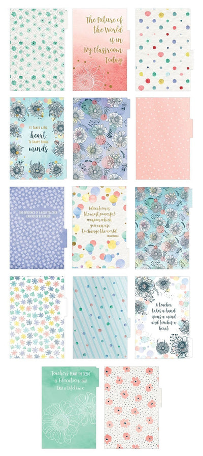 Teacher mini academic planner image showing fourteen dividers featuring florals and patterns.